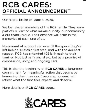 RCB announce Rs 25 lakh each for families who lost members in Bengaluru stampede: 'Promise of compassion, unity and care'