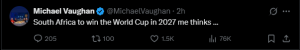 Headline:
Michael Vaughan Predicts South Africa to Lift 2027 Cricket World Cup