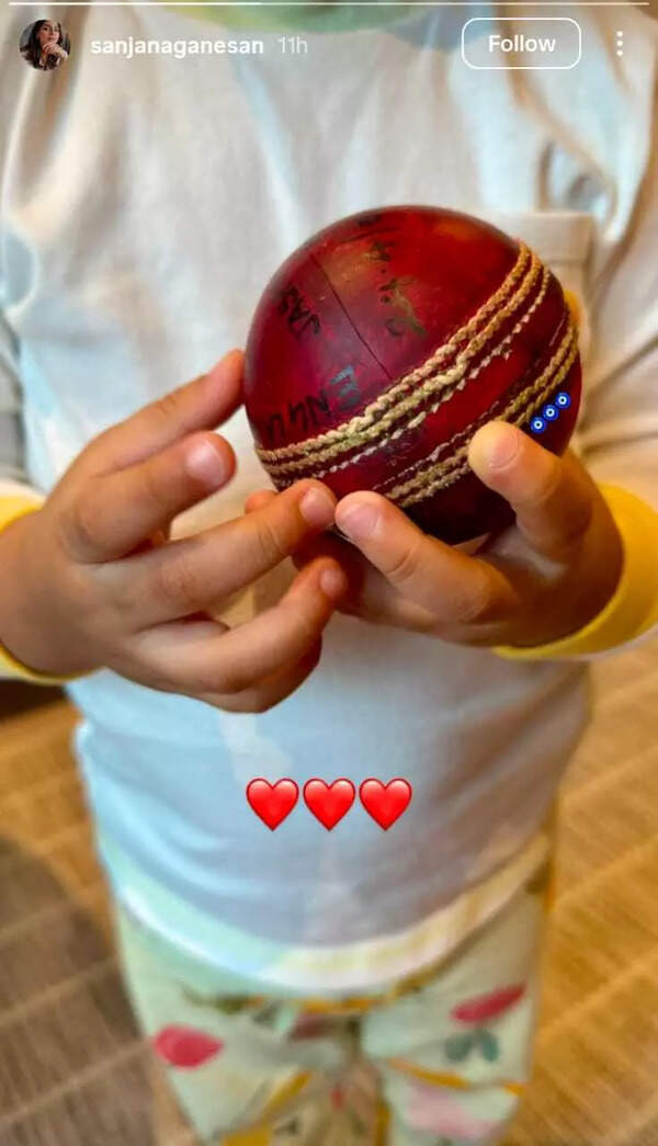 Instagram story of Bumrah's son holding a cricket ball.